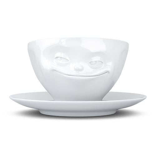 Faces Porcelain Coffee or Tea Cup with Handle and Saucer