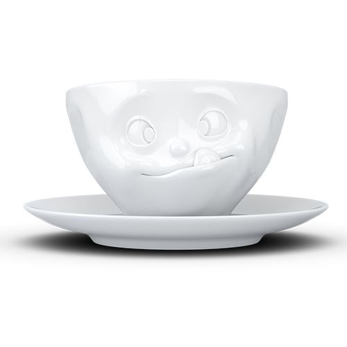 Faces Porcelain Coffee or Tea Cup with Handle and Saucer