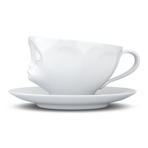 Faces Porcelain Coffee or Tea Cup with Handle and Saucer