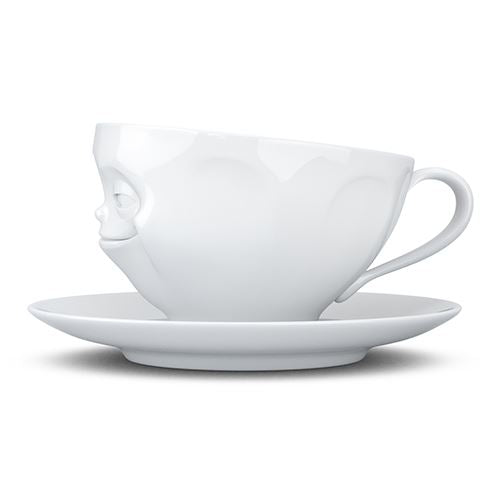 Faces Porcelain Coffee or Tea Cup with Handle and Saucer