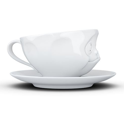 Faces Porcelain Coffee or Tea Cup with Handle and Saucer