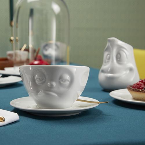 Faces Porcelain Coffee or Tea Cup with Handle and Saucer